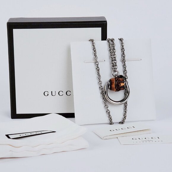 GUCCI NECKLACE BAMBOO HORSEBIT PENDANT RUTHENIUM STERLING SILVER 30" - Picture 6 of 7